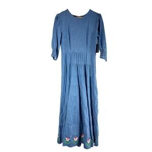 RIXO Kristen Tiered Embroidered Chambray Denim Maxi Dress Size US 6